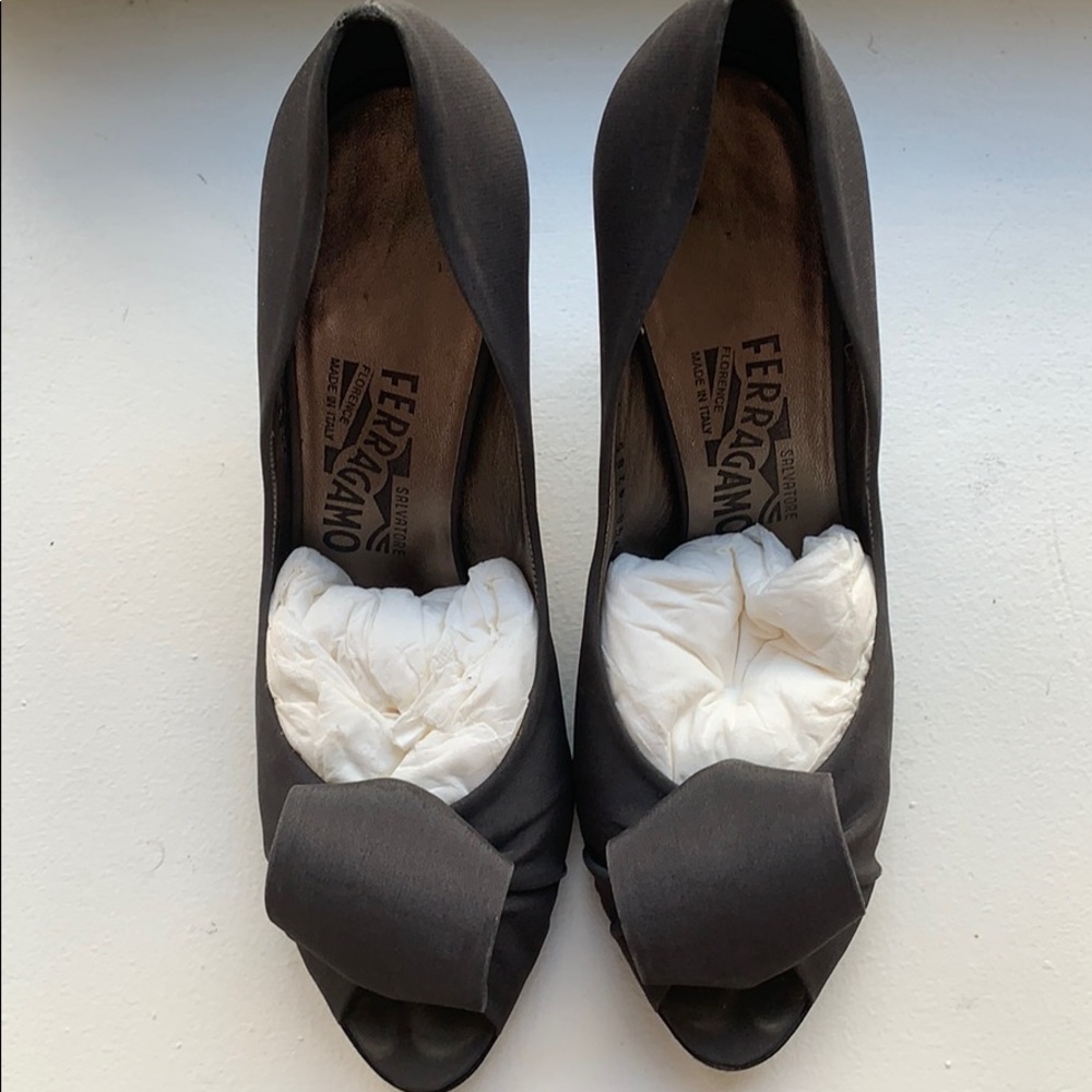 Ferragamo Charcoal Silk Heels